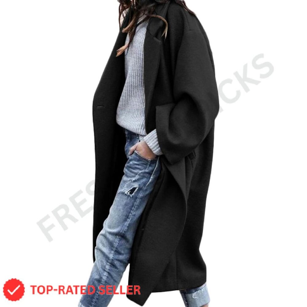 Oversized Wool Blend Trench Coat Notched Collar Midi Length Classic Chic